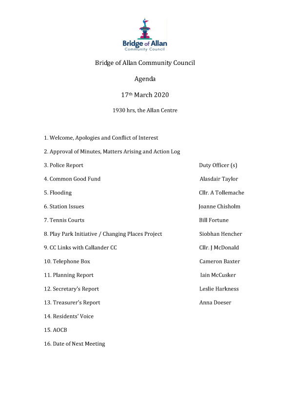 March Meeting Agenda Bridge Of Allan Community Council March Meeting Agenda Bridge Of Allan Community Council